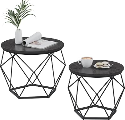 VASAGLE Round Coffee Table Set of 2 Black Steel Frame LET040B22