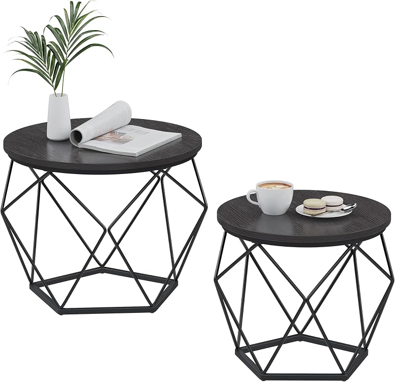 VASAGLE Round Coffee Table Set of 2 Black Steel Frame LET040B22