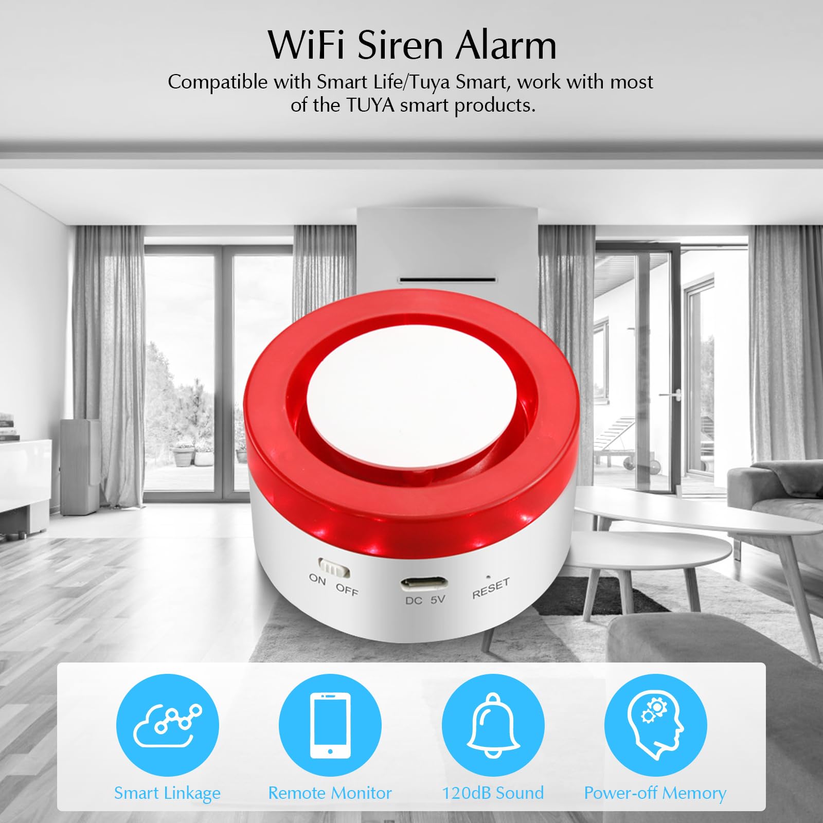 WiFi Siren Alarm, 120dB Burglar Alarm with Sound and Light, 433MHz Indoor Alarm for Home Security and Smart Home Automation, Tuya App and Smart Life Control, Compatible with Alexa/Google Assistant