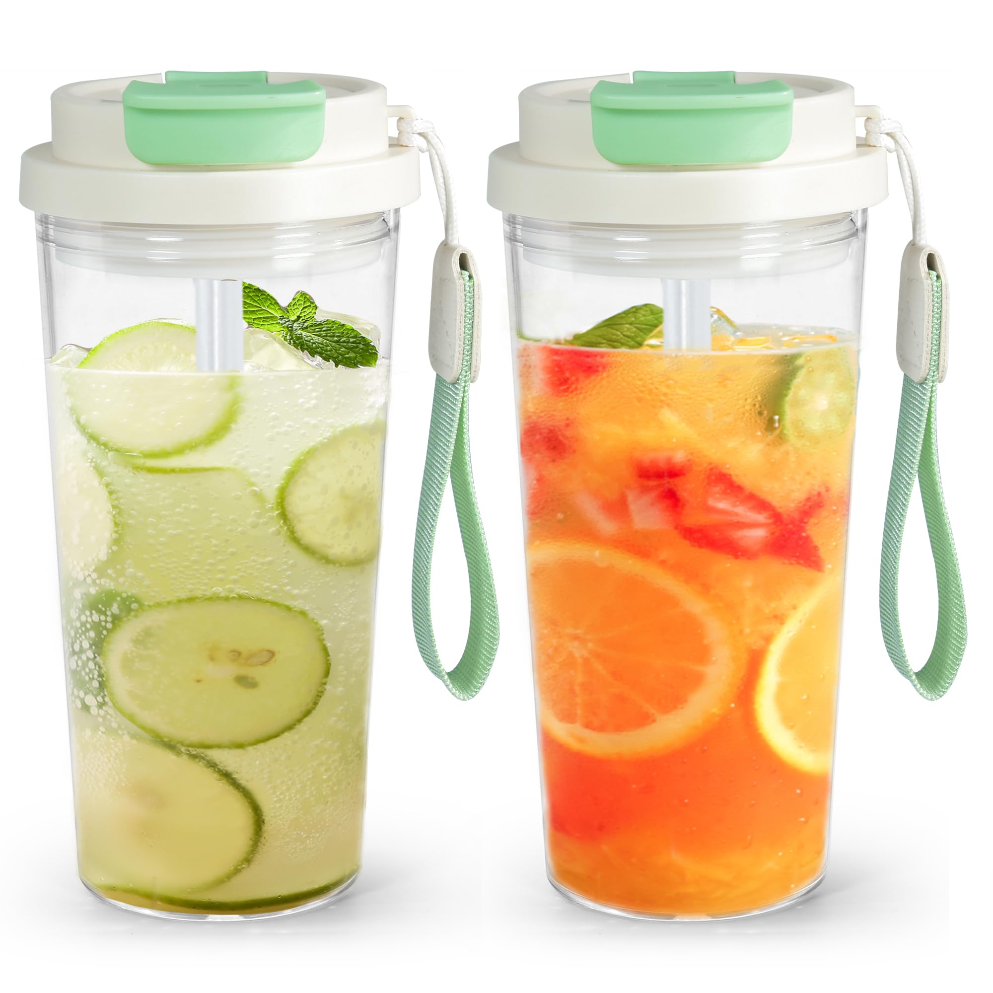 Photo 1 of 20oz Clear Tumbler with Lid and Straw, 2Pcs Plastic Coffee Tumbler, Iced Coffee Cup Acrylic Tumbler for Coffee, Soda, Tea, Milk, Juice, Gift, Green