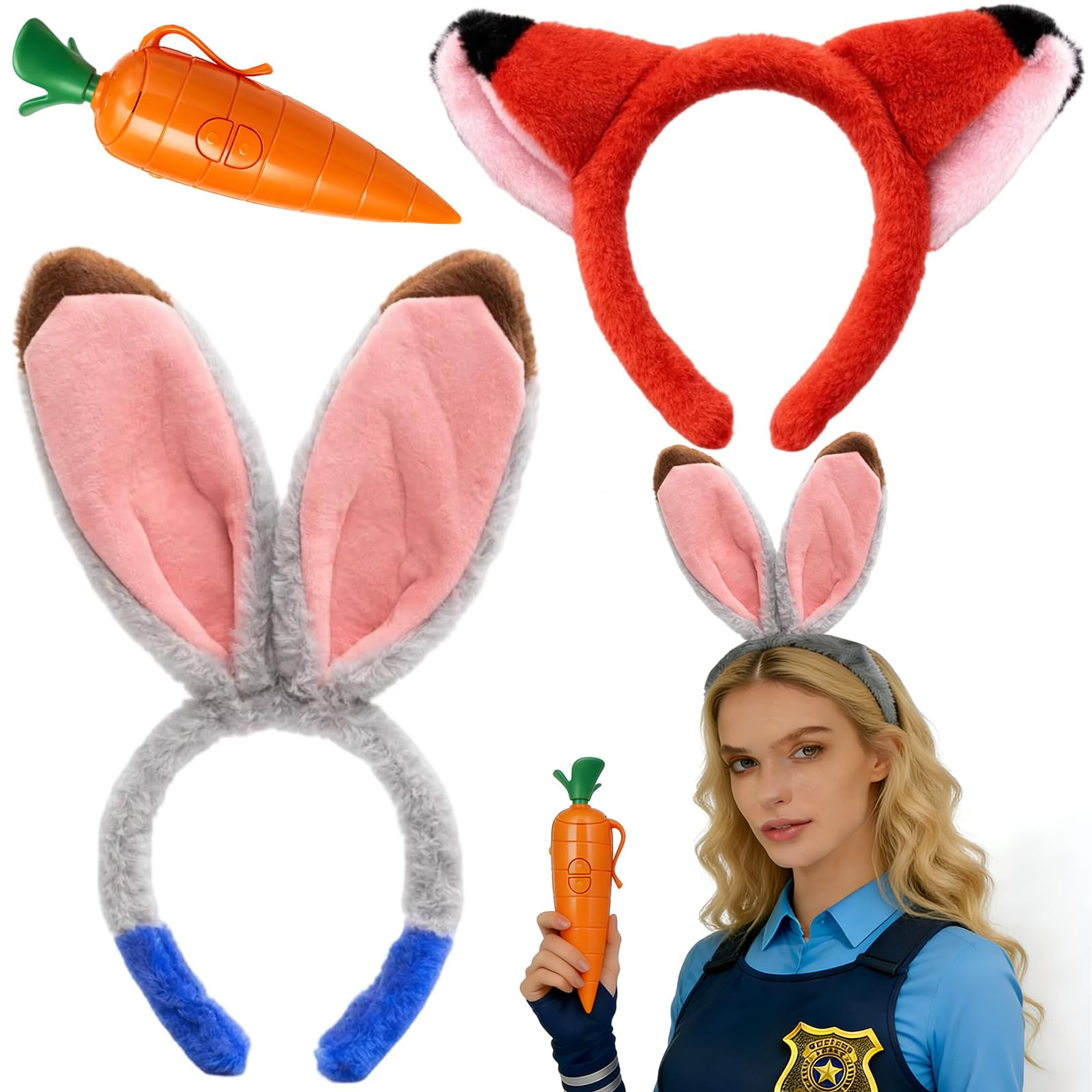 Bunny Ears, Carnival Costume, 3 PCS Easter Bunny Costume Adult with Rabbit Ears, Orange Fox Ears, and Orange Carrot Pen, Halloween Costumes for Halloween Christmas Carnival Fancy Dress Up Cosplay