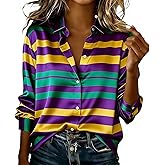 Shirt for Mardi Gras for Women, 2026 Women's Outfit for Mardi Gras Carnival Collar Striped Print Long Sleeve Blouse