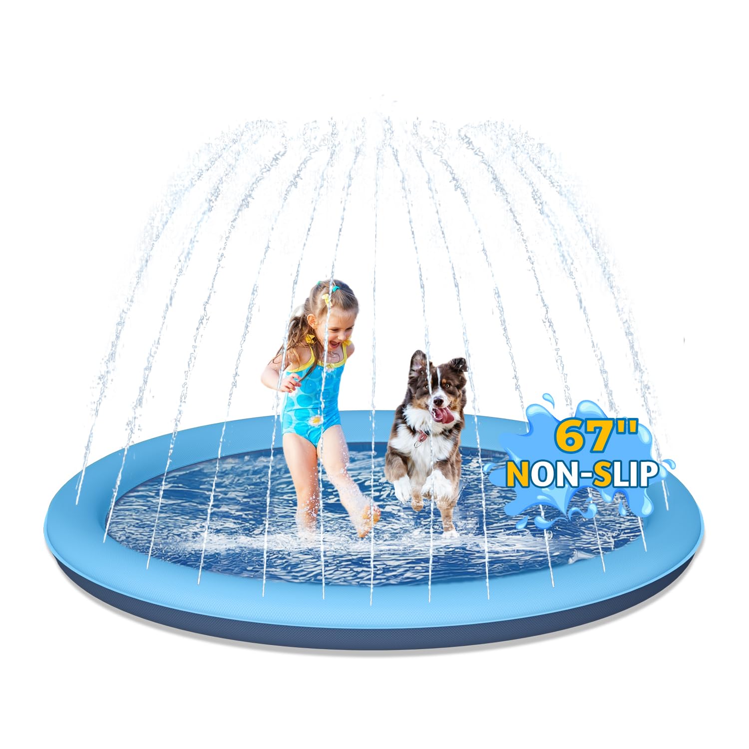 67" Dog Splash Pad, Heavy Duty Non-Slip Sprinkler Play Mat, Summer Outdoor Water Toys for Toddlers 1-3 & Kids 4-8