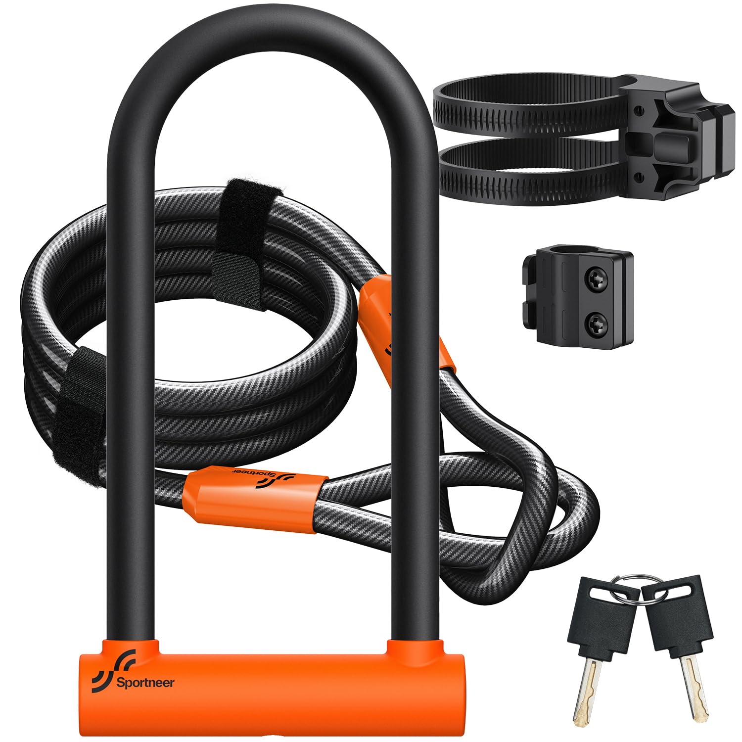 Photo 1 of Sportneer Bike Lock: Heavy Duty Bike U Lock with 6ft Security Steel Cable - 18mm Shackle Bicycle U-Locks with Keys and Sturdy Mounting Bracket for Road Mountain Bike Bicycle-Size 11.5''x6.25'', Orange
