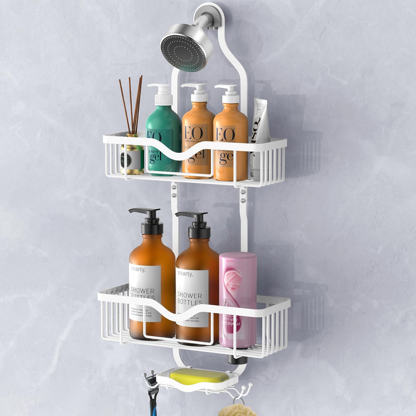 Photo 1 of ***MISSING ASSEMBLY HARDWARE*** Kadolina Shower Caddy Hanging, Bathroom Organizer with Soap Dish, Over Shower Head Caddy with Hooks for Razor/Sponge, Soft White (Assembly Required)