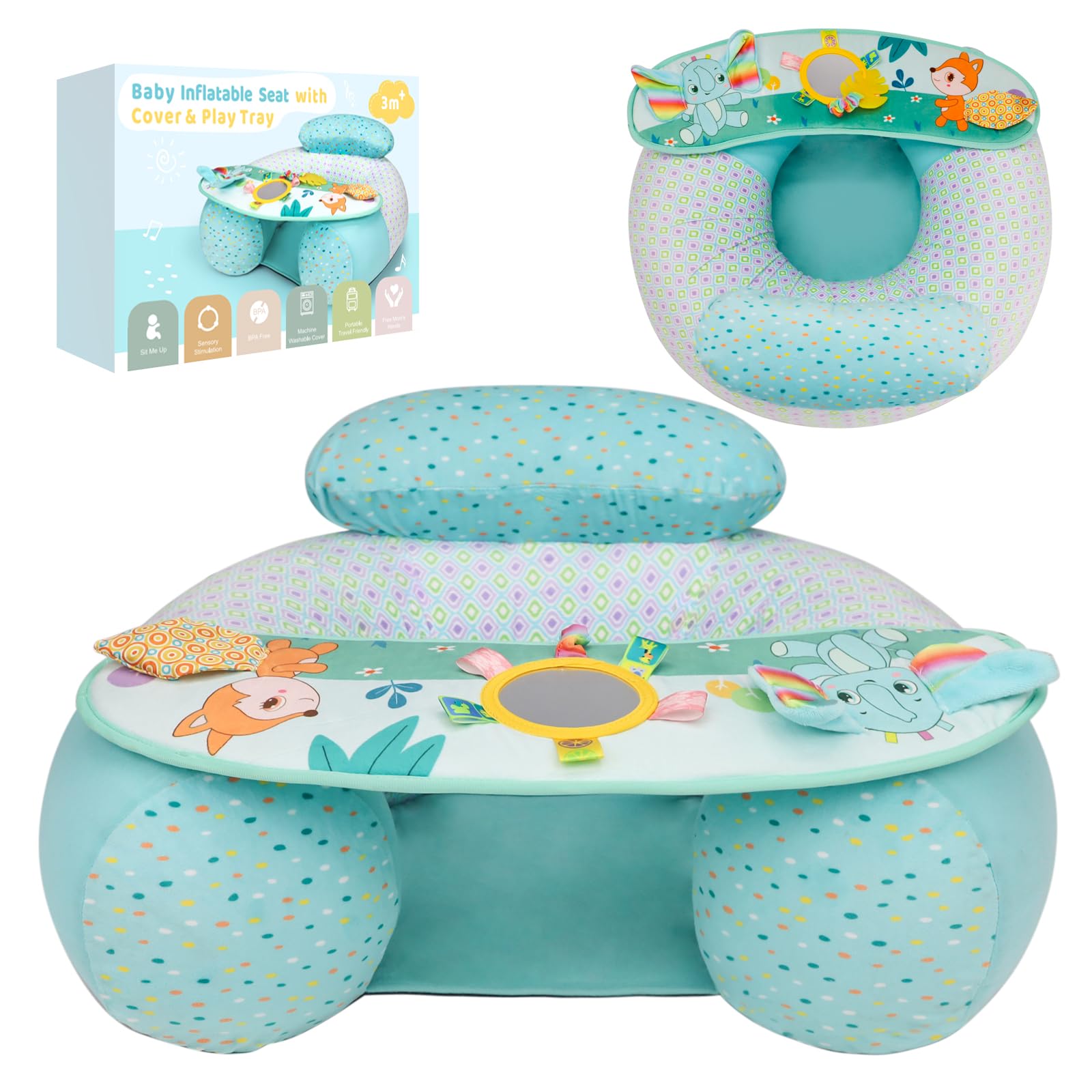 Blublu Park Inflatable Baby Chair with Cover for Babies 3-36 Months, Portable Baby Sit Me Up Floor Seat with Detachable Activity Sensory Tray, Babies Seats for Sitting up, Green