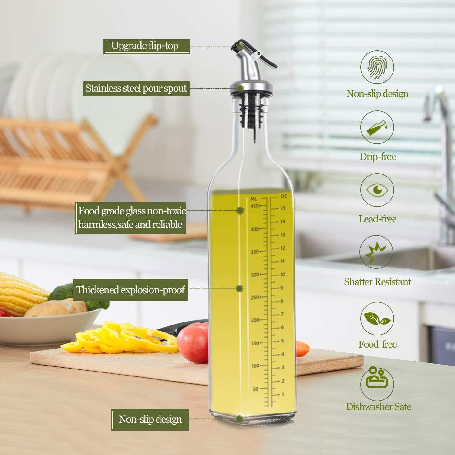 HABOM Glass Olive Oil Bottle Set-17 oz Oil & Vinegar Dispenser Cruet with Pourers and Funnel,Wide Opening for Refill and Cleaning,Oil Bottles Carafe Decanter for Kitchen (Set of 2): Home Improvement