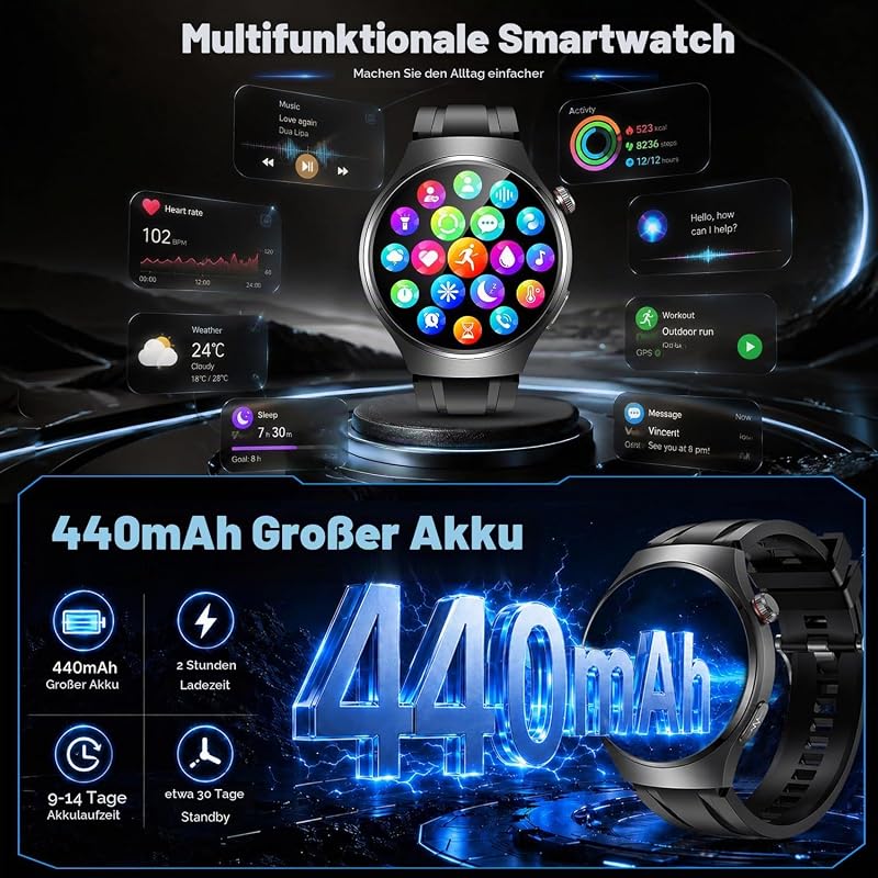 Smartwatch Herren EKG+𝐇𝐑𝐕 Blutdruck Herzfrequenz: Smart Watches Uhr Schwarz 1,43" Rund AMOLED Gesundheitsuhr 𝐄𝐂𝐆 Armbanduhr Wasserdicht Schrittzähler Telefonfunktion Fitnessuhr Uhren Android iOS — Foto 7 von 7