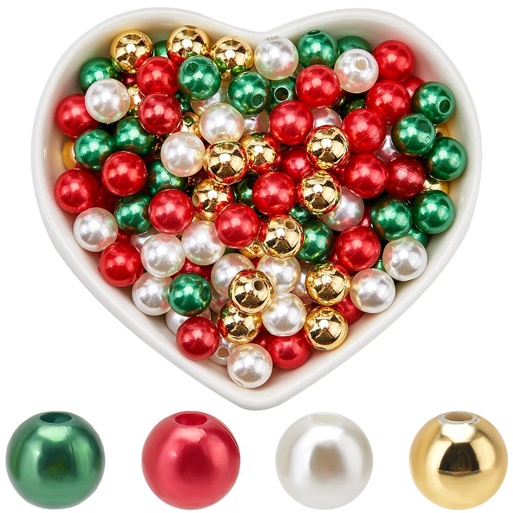 SOFPLATE 600pcs 4 Colors 8mm Imitation Pearl Beads Christmas Theme Acrylic Plastics Red Green Gold Dyed Faux Artificial Pearls Bulk for Jewellery Making DIY Holiday Necklaces Earrings