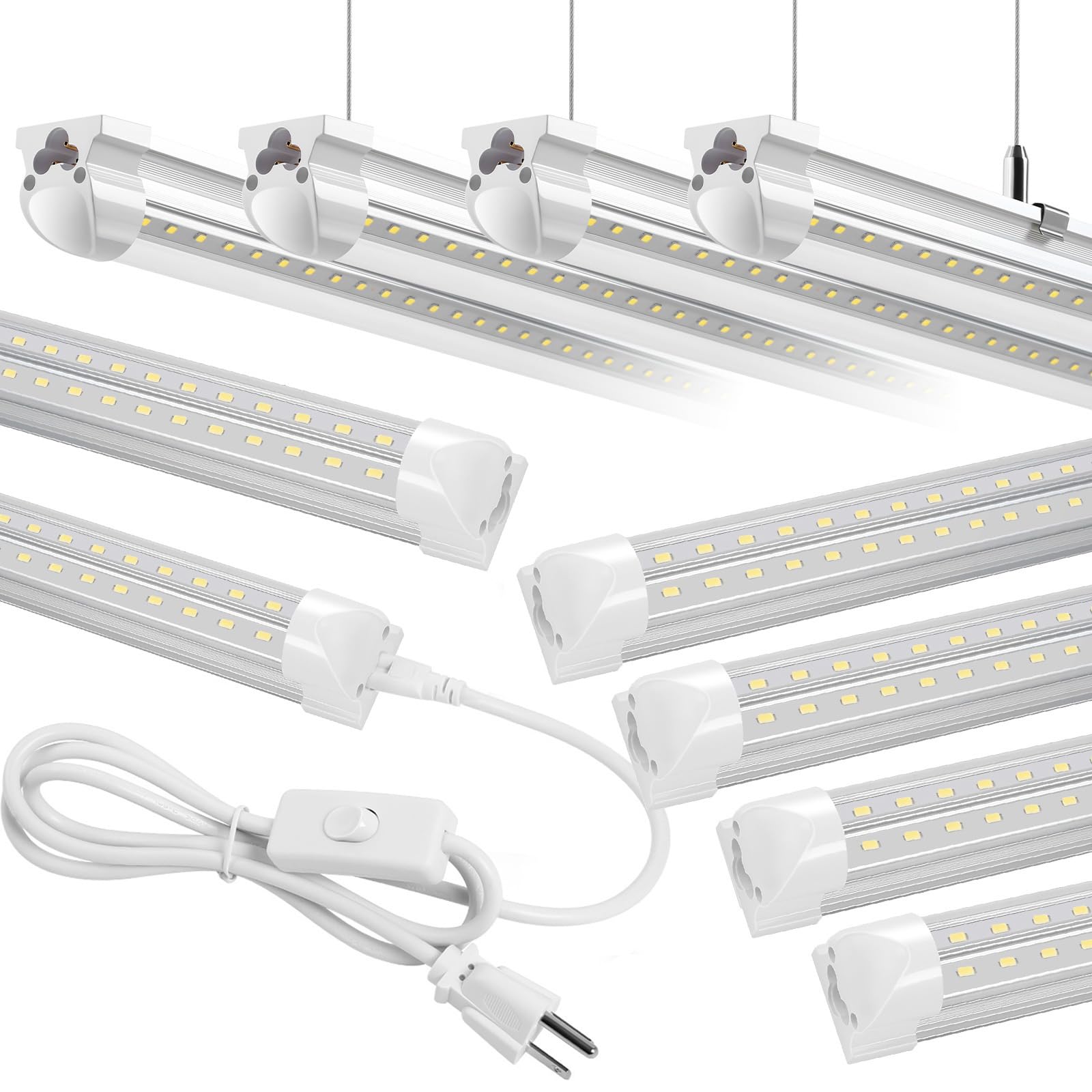 Photo 1 of **unknown missing**Phiwicsh 8FT LED Tube Light 8 Pack, Hanging/Surface Mount 6000K, 72W 11520LM Linkable Shop Light for Garage