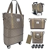 Drvoon Expandable foldable duffel bag suitcase, detachable rolling wheels,carry-on large duffel bag,luggage bag,suit gym,camping,travel or business trip,Gift for wife and parents-Checkerboard(KHAKI)