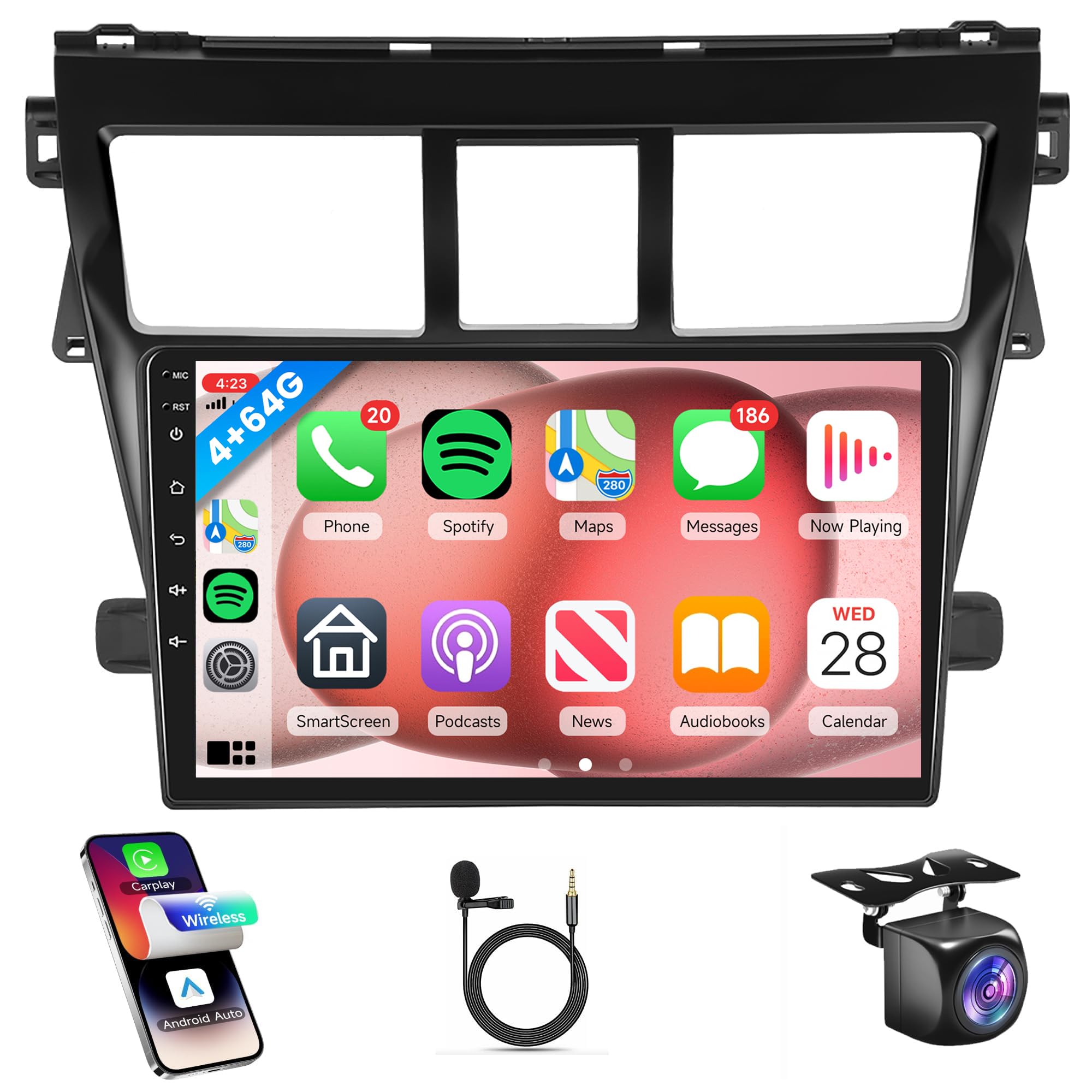 Photo 1 of 4G+64G Car Radio Stereo for Toyota Yaris VIOS 2007-2013, Rimoody Android 13 Wireless Carplay and Android Auto Mirror Link GPS WiFi 9 Inch Touch Screen Bluetooth FM EQ SWC Backup Camera