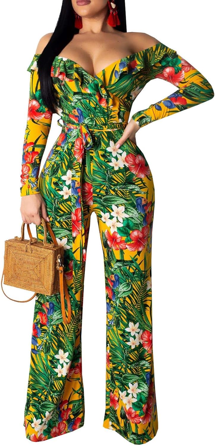 off shoulder floral print flounce sleeve jumpsuit