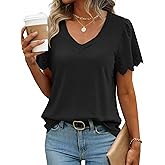 Chulianyouhuo Women's Summer V Neck Tops Short Sleeve Casual Lace T Shirt Jacquard Blouse Fashion Spring Clothes