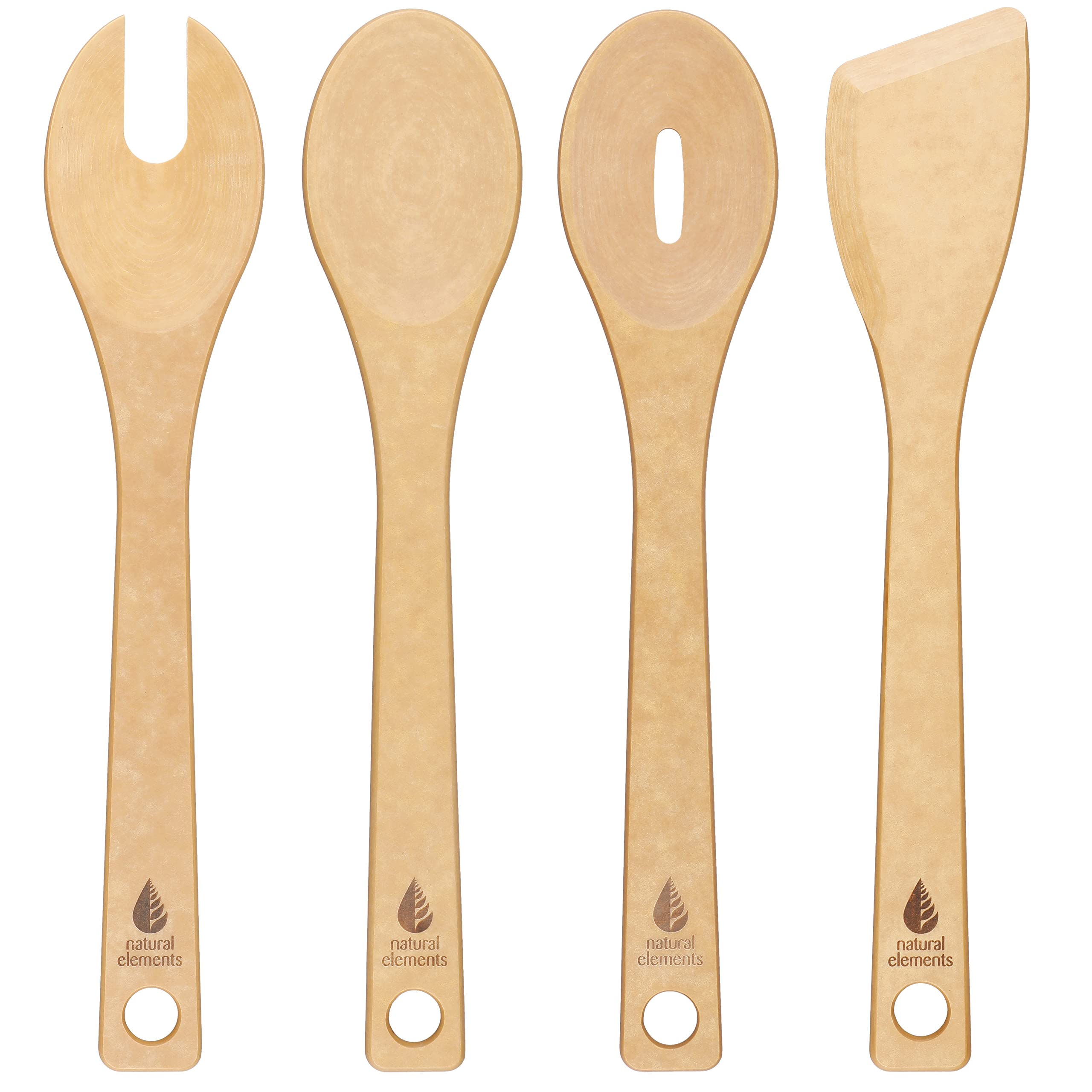 Natural Elements Recycled Wood Fibre 4-Piece Kitchen Utensil Set, Spatula, Cooking Spoon, Slotted Spoon & Spaghetti Server, Eco Friendly Wooden Cooking & Baking Tools, Plastic Free