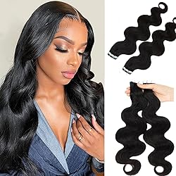 Black Tape in Hair Extensions Human Hair, Body Wave