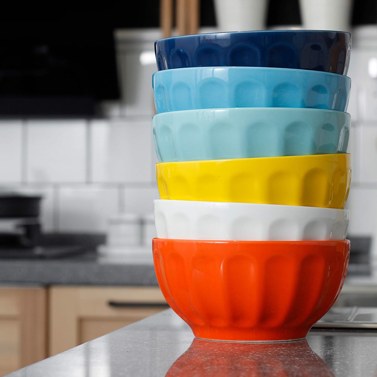  | Sweese 106.002 Porcelain Fluted Bowl Set - 26 Ounce for Cereal, Soup - Set of 6, Hot Assorted Colors: Cereal Bowls