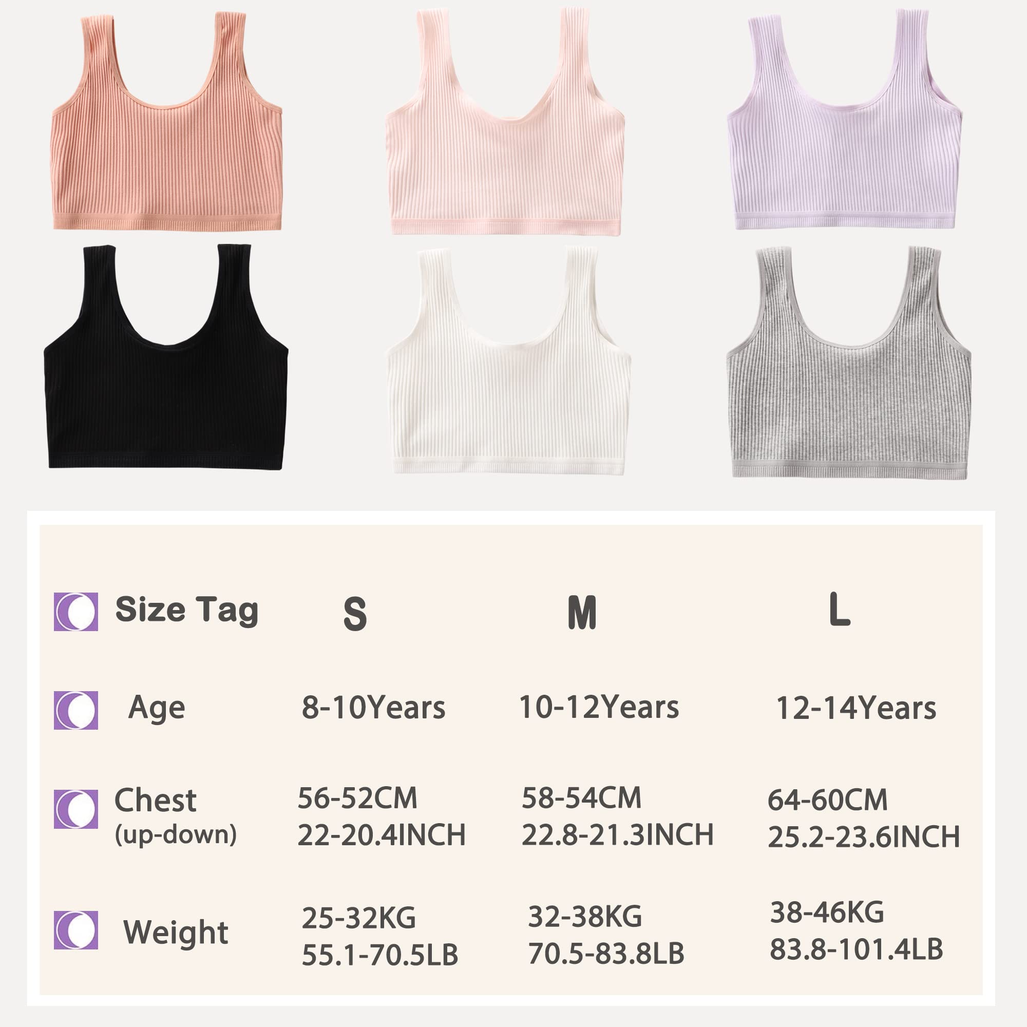 Girls Bra, 6PCS Girls Training Bra Cotton Bralette Seamless Cami Crop Bras