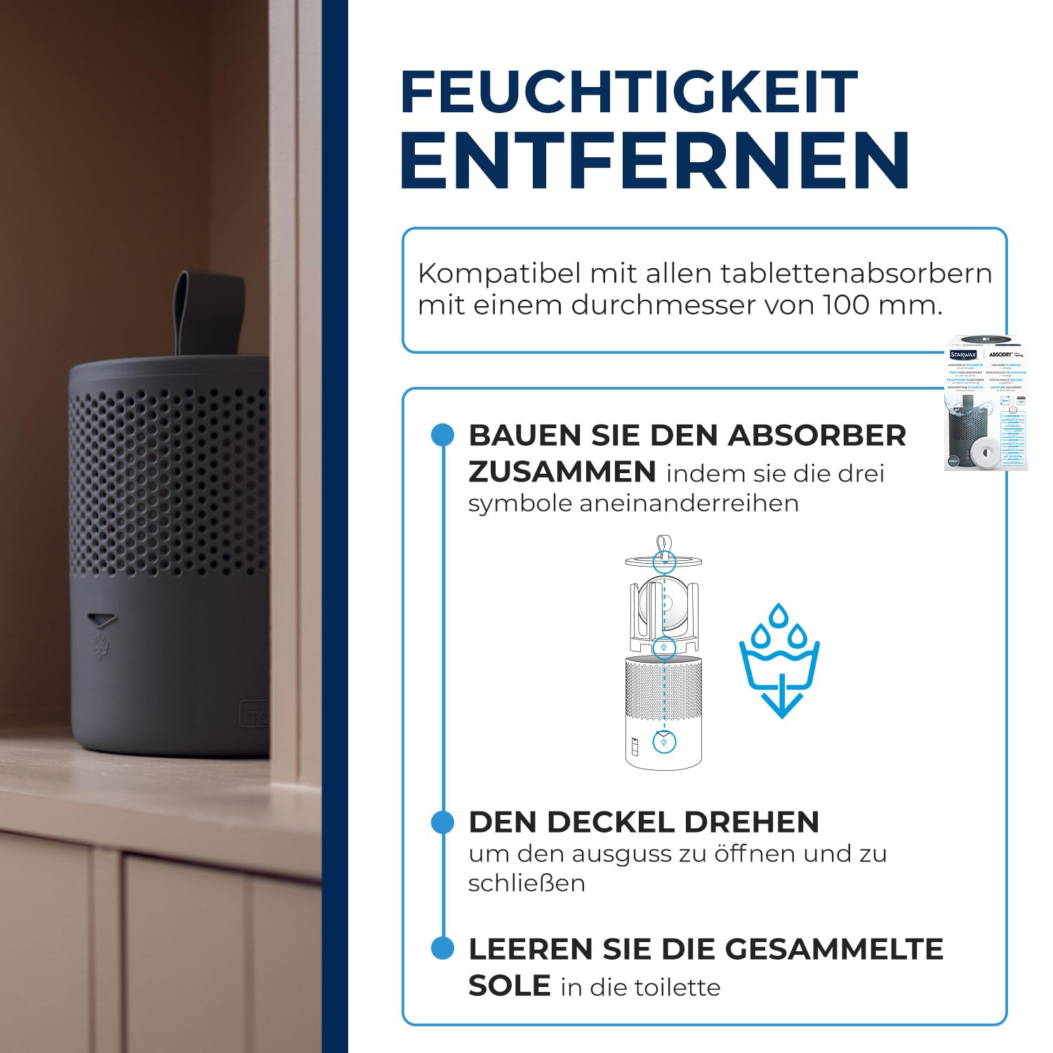 STARWAX - Luftentfeuchter und Entfeuchter-Tab 500 g - Absorbiert Feuchtigkeit und vermeidet Schimmel - Anti-Geruch - Füllstandsanzeige - Geräuschlos - 1 Tab behandelt 25 m² für ca. 3 Monate. 4