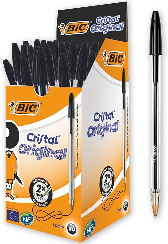 Cristal Original, Penne Nere a Sfera, Punta Media, 1 mm, Confezione 50 Penne, Fornitura per Cancelleria Scuola e Ufficio