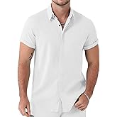 JEMITOP Men's Stretch Linen-Like Short Sleeve Button Down Shirts Summer Casual Beach Vacation Wedding Texture Shirt