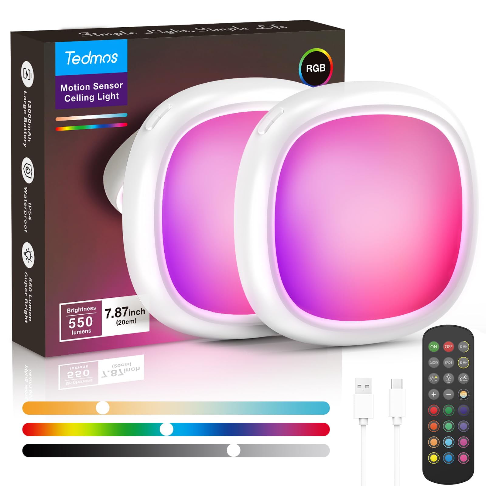 Photo 1 of 2 Pack Rechargeable Shower Light for Inside Shower, 12000mAh Motion Sensor Wireless Ceiling Light with Remote No Wiring, Battery Operated Closet Lights Cordless LED Overhead Lighting for Bathroom