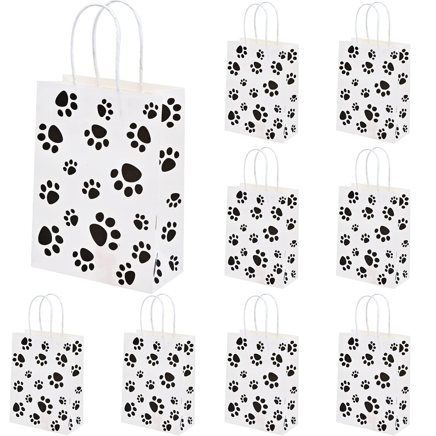 NAUZE 12 Pieces Paw Print Treat Bags with Handles - Kraft Paper Gift Bags - L16cm*W8cm*H22cm - Paw Print - Animal Themed Parties, Birthday Parties, Baby Showers