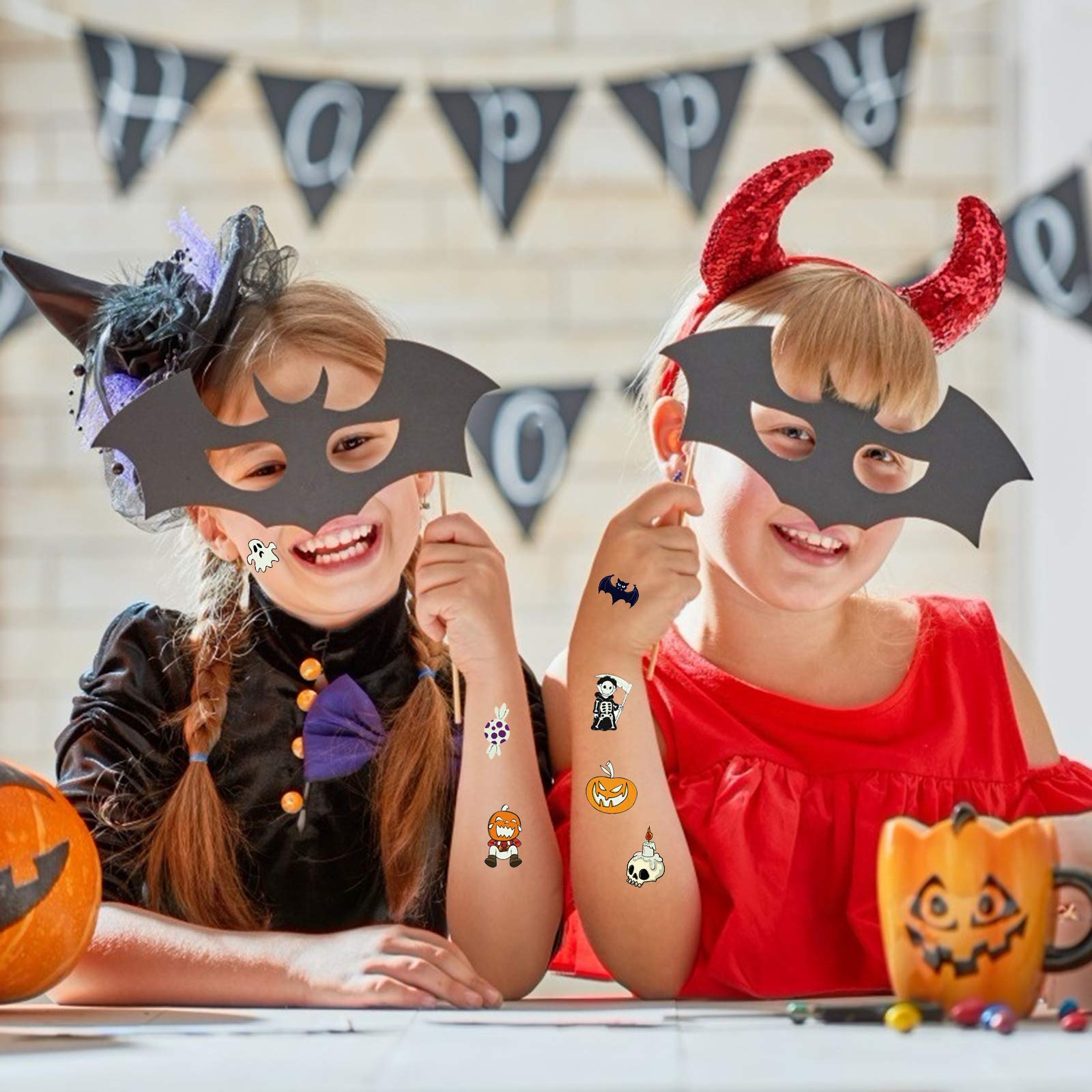 TAZEMAT 10 Blatt Halloween Temporäre Tattoos Fluoreszierende wasserdichte Tattoos Temporär Tätowierung Kürbis Geist Fledermaus Kunst Tattoos Kindertattoos Jungs Mädchen Halloween Party