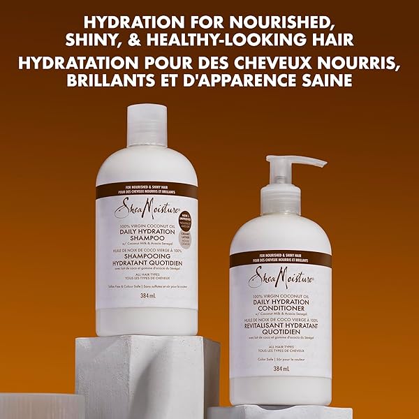 SHEA MOISTURE DAILY HYDRATION SHAMPOO HAIR CARE FOR ALL HAIR TYPES 100% VIRGIN COCONUT OIL WITH COCONUT OIL, COCONUT MILK, ACACIA SENEGAL 384 ML