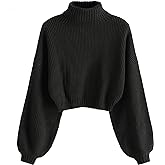 ZAFUL Women's Crew Neck Long Sleeve Pullover Crop Sweater Mock Neck Lantern Sleeve Ribbed Knit Cropped Sweater