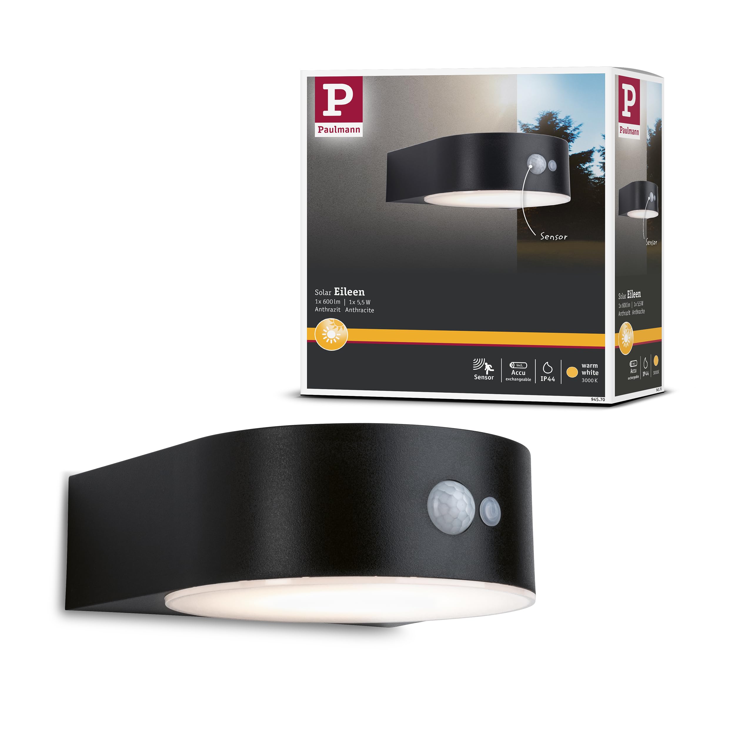 Paulmann Eileen 94570 LED Solar Outdoor Wall Light with Motion Sensor IP44 3000 K 300 lm Includes 1 x 5.5 W Warm White Black Wireless Plastic Rechargeable