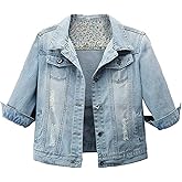 Hixiaohe Women Autumn 3/4 Sleeve Retro Short Denim Jackets Light Blue Jean Coats