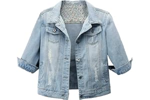 Hixiaohe Women Autumn 3/4 Sleeve Retro Short Denim Jackets Light Blue Jean Coats