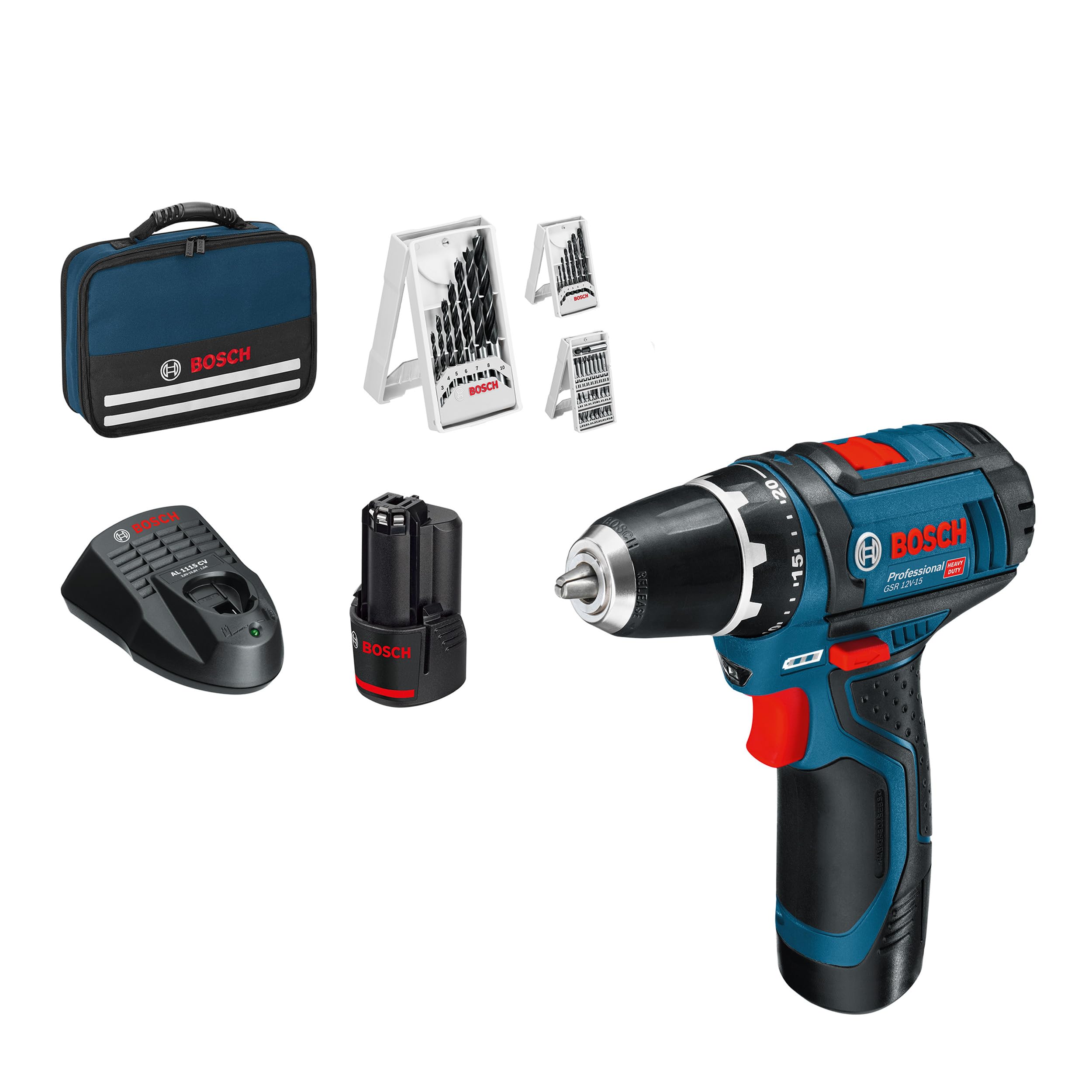 Bosch Professional Battery drill GSR 12-2-LI with 39 PCs. Accessory Set, 2x battery 2,0 Ah, Charger in Bag, 12 V