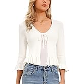 Allegra K Tie Front Shrug for Women Ruffled Long Sleeve Rib Knit Open Front Cardigan Sweater Crop Tops