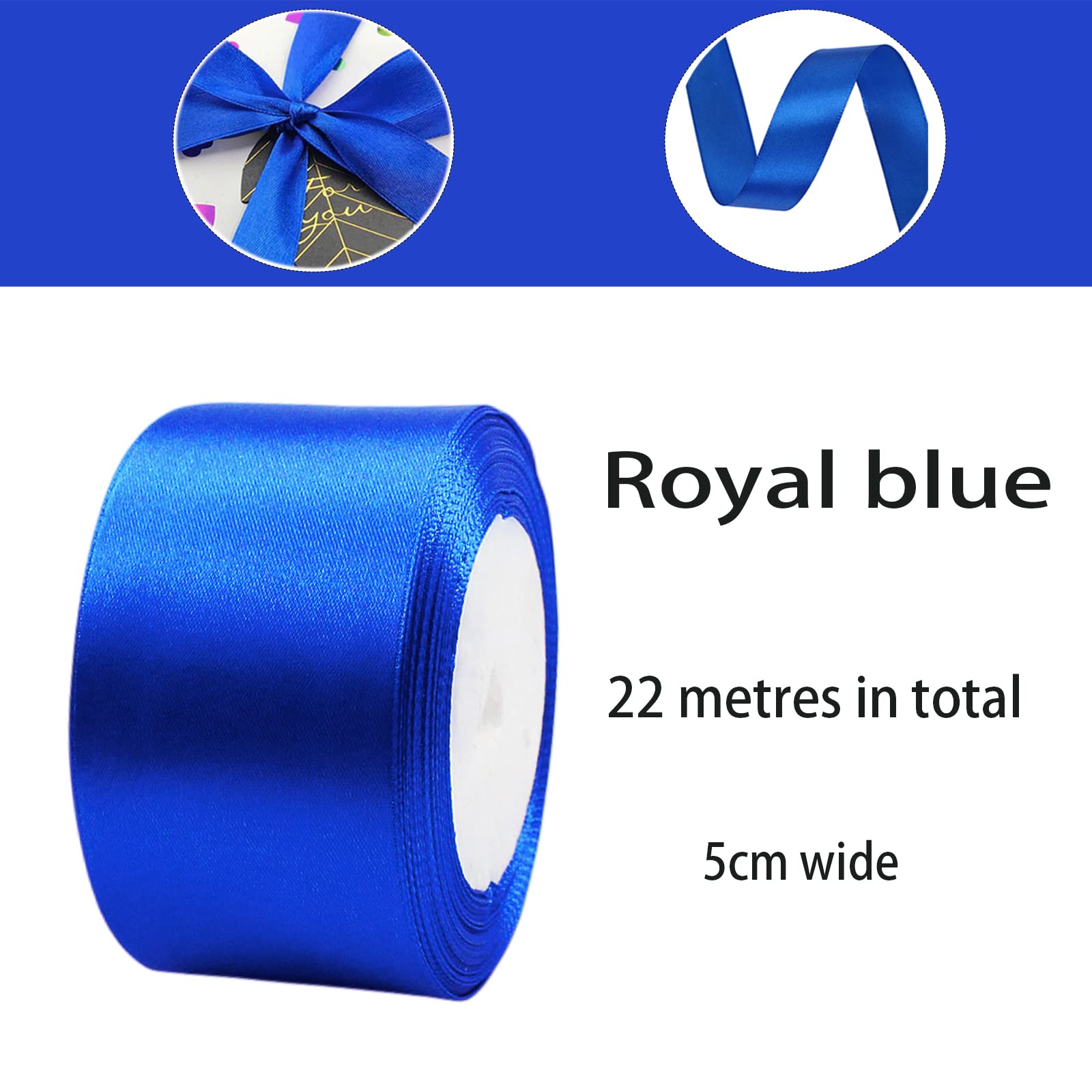 POPOYU 50mm Wide Royal Blue Fabric Satin Ribbon - 23M, Double Sided Satin, Large Thick Polyester Ribbons for Gift Wrapping, Wedding, Car, Sewing, Floral, Sew, Party, Xmas Gift Wrapping Ribbon