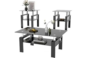 IANIYA 3 Piece Living Room Table Set, Modern Tempered Glass Coffee Table Set, Glass Coffee Table Black Metal Frame End Table for Living Room Apartment Small Space