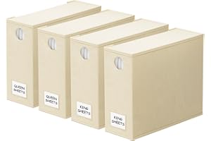SpaceAid 4 Pack Bed Sheet Organizers and Storage, Foldable Sheet Organizer for Linen Closet, Sheets Set Folder Keeper with Window XL (Queen & King Size) Organizing Bedding Container, Beige