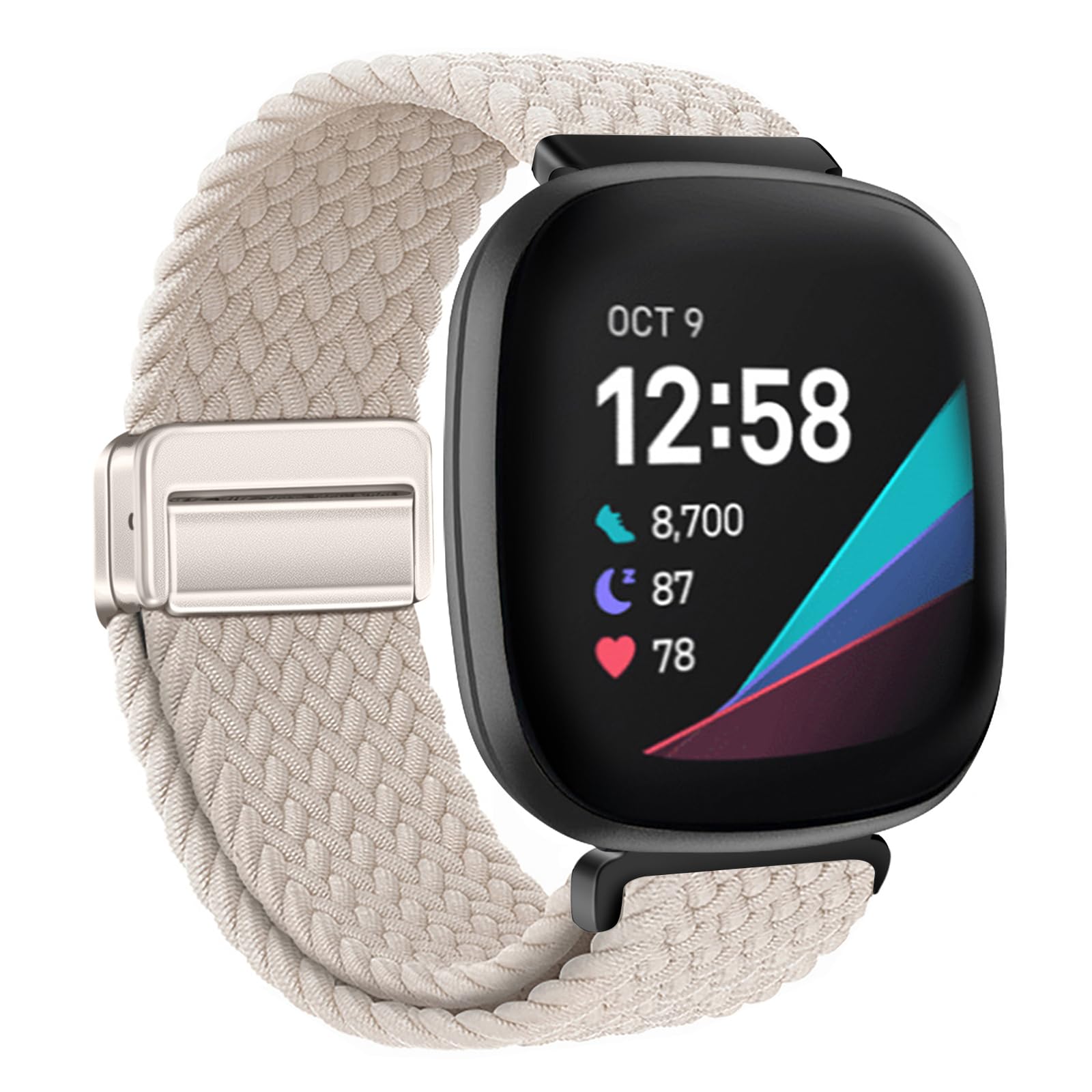XMUXI Nylon Watch Band Compatible with Fitbit Versa 4/Versa 3 Straps/Sense 2 /Fitbit Sense Strap for Women Men, Stretchy Magnet Braided Replacement Wristbands for Fitbit Watch Ivory