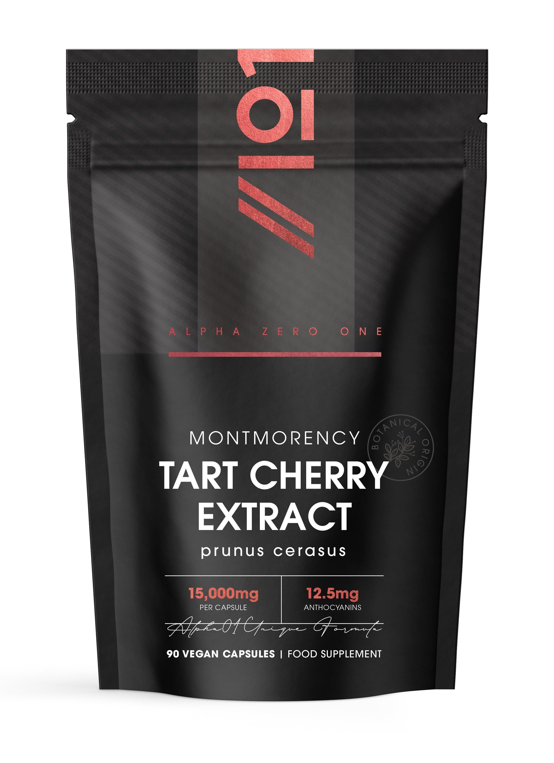Montmorency Cherry 15,000mg โ Standardised 5% Anthocyanins Tart Cherry Extract - 90 Vegan Capsules - Antioxidant Rich Supplement - By Alpha01