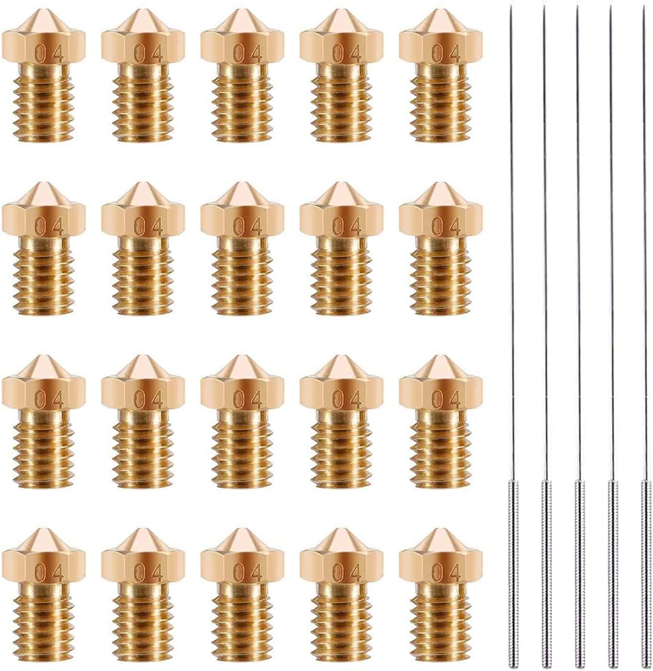 20 pcs M6 3D Printer extruder Brass 0.4 mm Nozzle Printhead Nozzle for e3d v6 MakerBot (Lulzbot, Ultimaker, Puls, Robo, Makebot etc.), Bonus 5 pcs Cleaning Needle