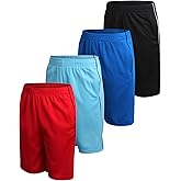 Pro Athlete Boys Basketball Shorts - 4 Pack Athletic Gym Shorts with Elastic Waistband & Zipper Pockets for Workout & Running