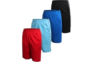 Pro Athlete Boys Basketball Shorts - 4 Pack Athletic Gym Shorts with Elastic Waistband & Zipper Pockets for Workout & Running