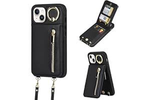 uCOLOR for iPhone 13/14/15 Wallet Case with Card Holders for Women, Crossbody Zipper Protective Leather Case with Strap Wrist Ring RFID Protective 6.1" (Black, iPhone 13/14/15 6.1")