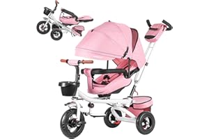 GODMY Baby Tricycle, 4-in-1 Folding Smart Baby Kids Bike Trikes Stroller with Handle, 360°Swivel Seat, 3-Gear Adjustable Carport and Seat Backrest, Adjustable Push Tricycle for Kids 1-6 Years