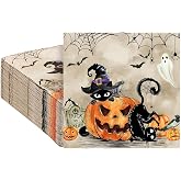 Quera 50 Pack Halloween Black Cat Pumpkin Disposable Paper Napkins Party Supplies Cocktail Napkins Perfect For Halloween Black Cat Gifts Dinner Party Decoration 6.5'' X 6.5''