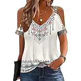 kipfall Womens Cold Shoulder Tops with Sequins V Neck Short Sleeve T Shirts Casual Loose Fit Basic Tee