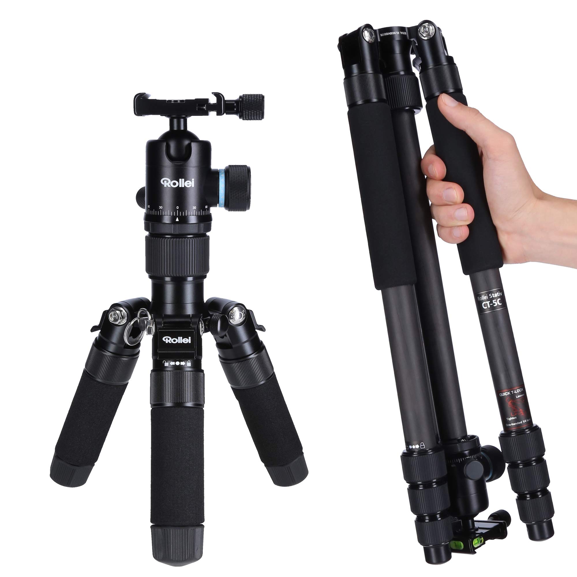 Rollei CT-5C + 52Q - Carbon Tripod with Ball Head - Max. Load: 8 kg - Monopod and Mini Tripod Function - ARCA SWISS Compatible - Black