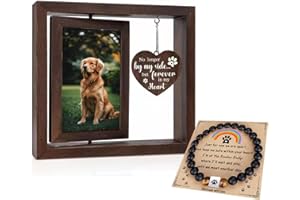 Ckedes Dog Memorial Gifts for Loss of Dog Sets, 4x6”Rotating Wooden Photo Frame and 8MM Rainbow Bridge Bracelet for Beloved Cats and Dogs Pet Memorial Gifts for Dog Cat Dog Bereavement Gifts (Black)