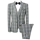 MOGU Mens Three Piece Slim Fit Plaid Suit Blazer Jacket+Vest+Pants